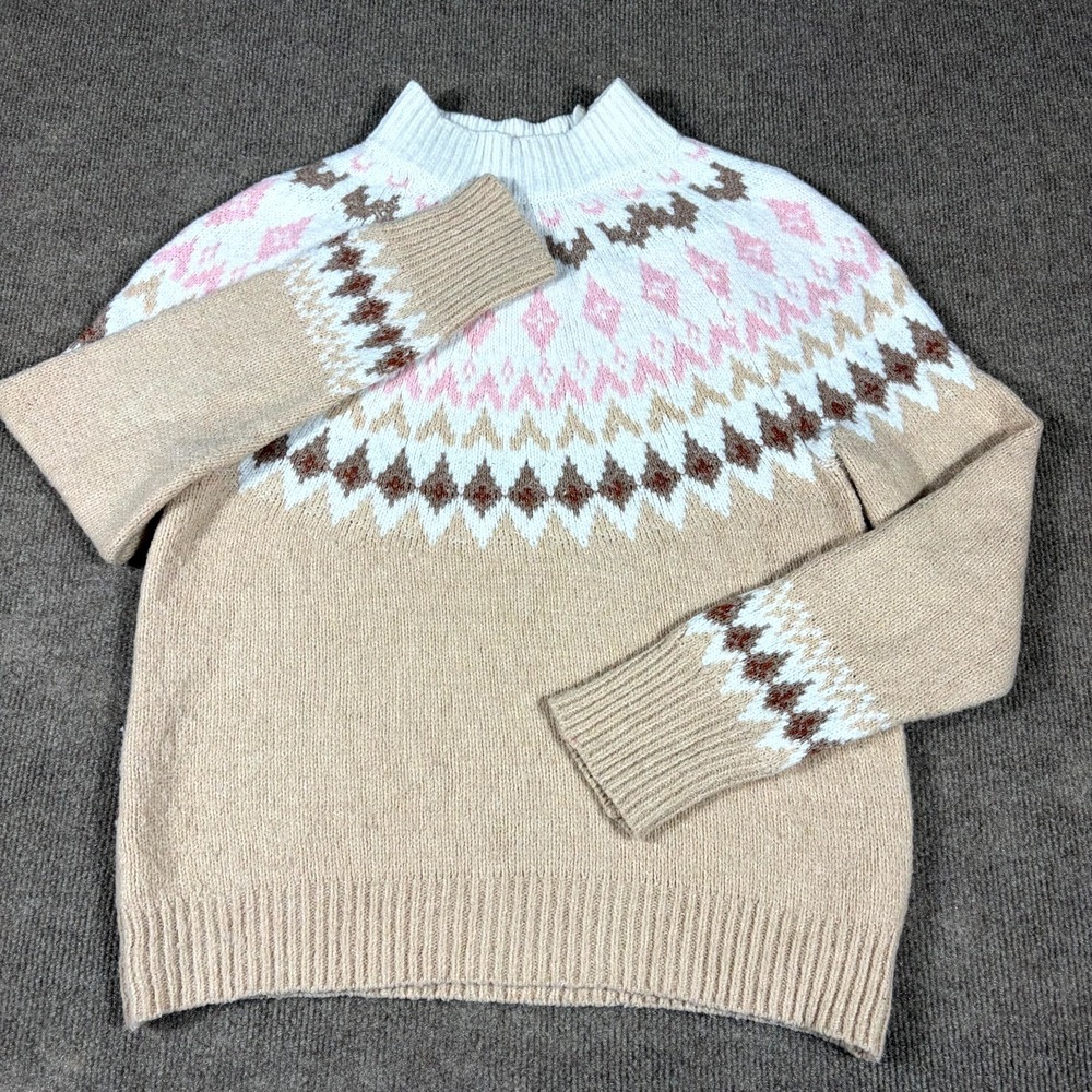 Rachel Zoe Sweater Womens XS Beige Knit Fair Isle Mock Neck Pullover Cottagecore